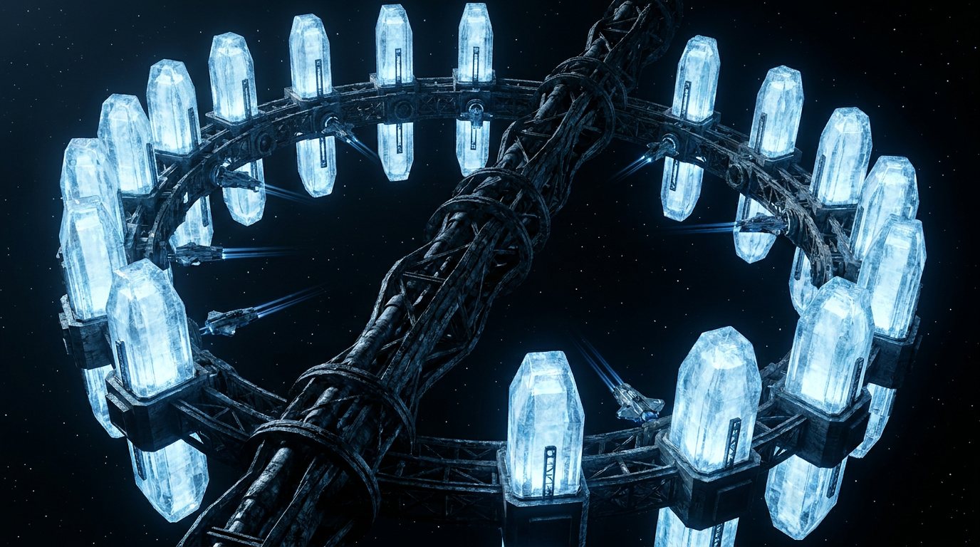 Orbital fuel depot with glowing energy cells