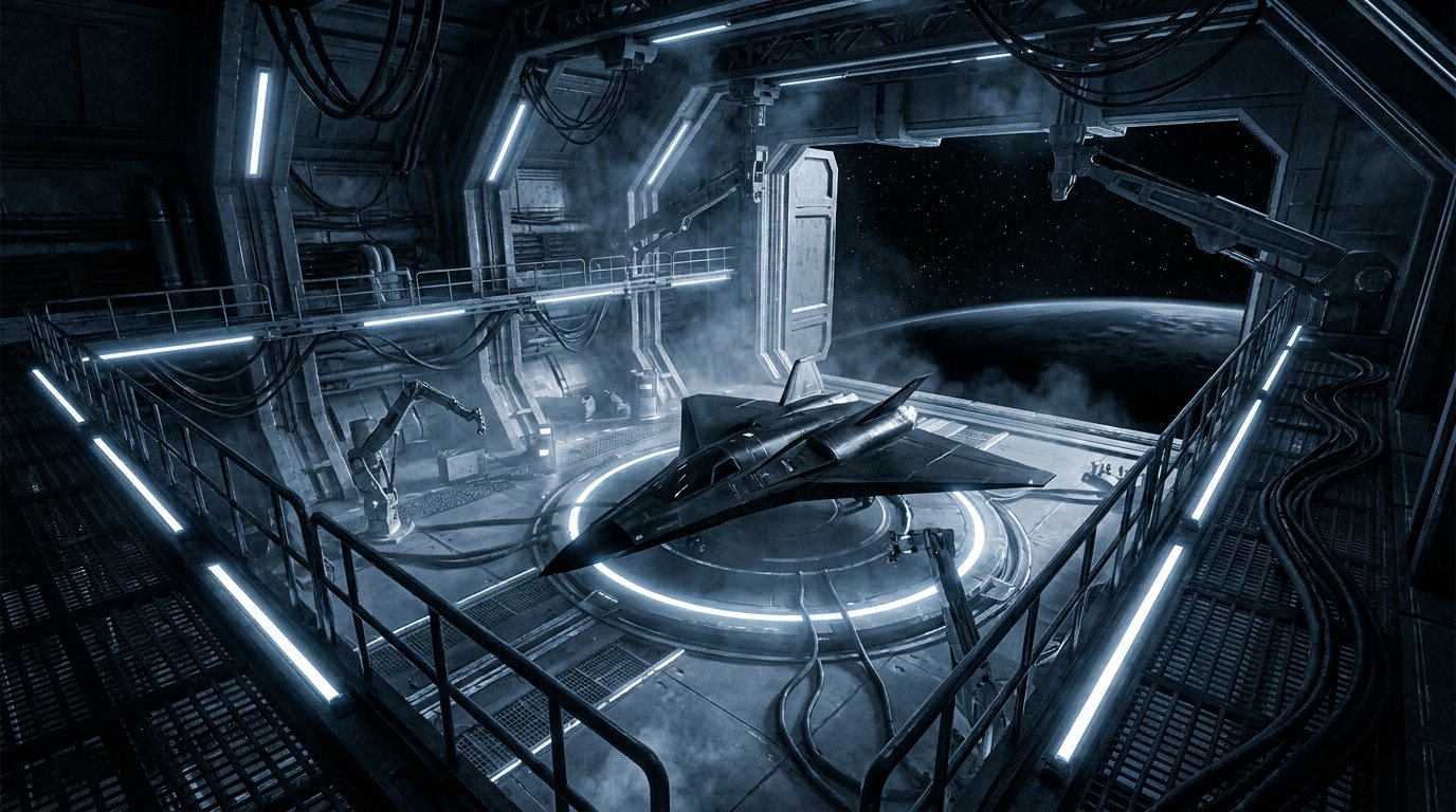 Spacecraft on a launch pad inside an orbital bay